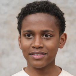 Joyful black young-adult male with short  brown hair and brown eyes