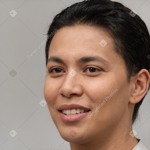 Joyful white young-adult female with short  brown hair and brown eyes