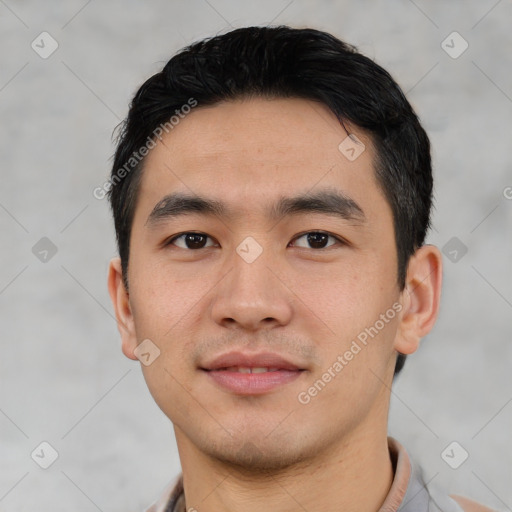 Neutral asian young-adult male with short  black hair and brown eyes