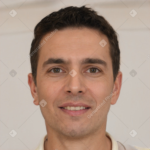 Joyful white young-adult male with short  brown hair and brown eyes