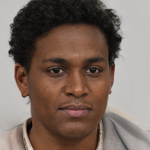 Neutral black young-adult male with short  brown hair and brown eyes
