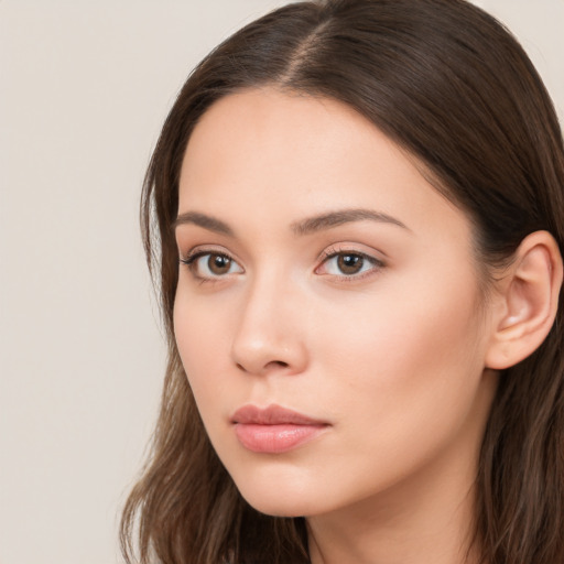 Neutral white young-adult female with long  brown hair and brown eyes