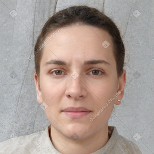 Neutral white young-adult female with short  brown hair and brown eyes