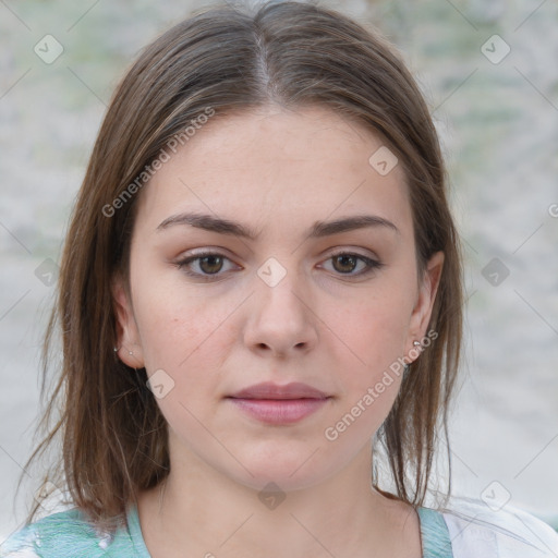 Neutral white young-adult female with medium  brown hair and grey eyes