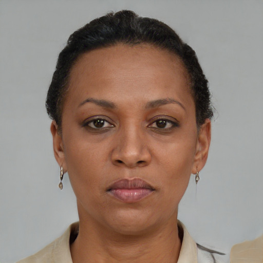 Neutral black adult female with short  brown hair and brown eyes