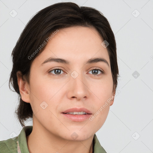 Neutral white young-adult female with medium  brown hair and brown eyes