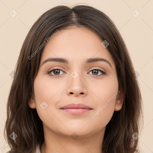 Neutral white young-adult female with long  brown hair and brown eyes