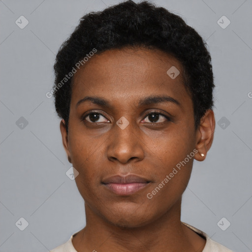 Neutral black young-adult female with short  black hair and brown eyes