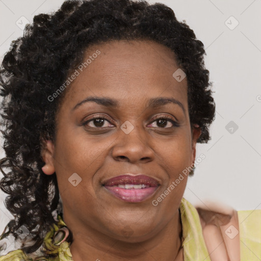 Joyful black adult female with short  brown hair and brown eyes