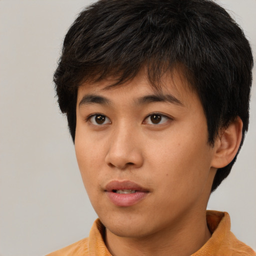 Neutral asian young-adult male with short  brown hair and brown eyes