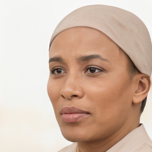 Neutral white young-adult female with short  black hair and brown eyes