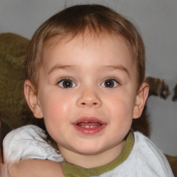 Joyful white child male with medium  brown hair and blue eyes