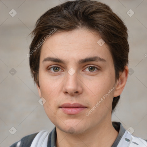 Neutral white young-adult male with short  brown hair and grey eyes