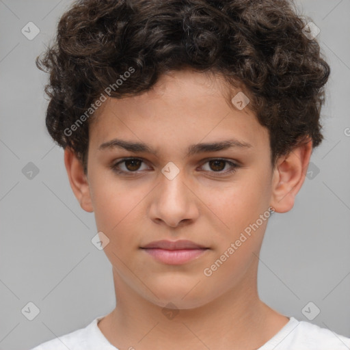 Joyful white child female with short  brown hair and brown eyes