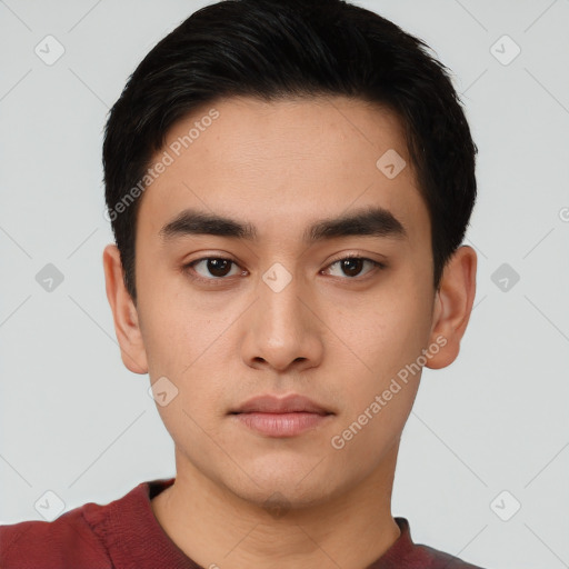 Neutral white young-adult male with short  black hair and brown eyes