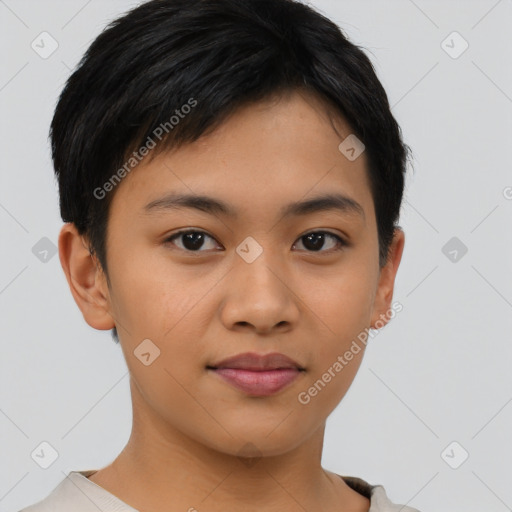 Joyful asian young-adult female with short  brown hair and brown eyes
