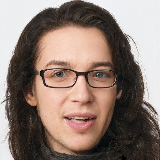 Joyful white young-adult female with long  brown hair and green eyes