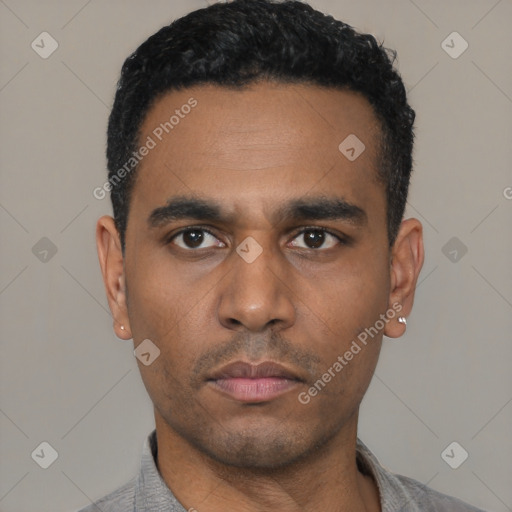 Neutral latino young-adult male with short  black hair and brown eyes
