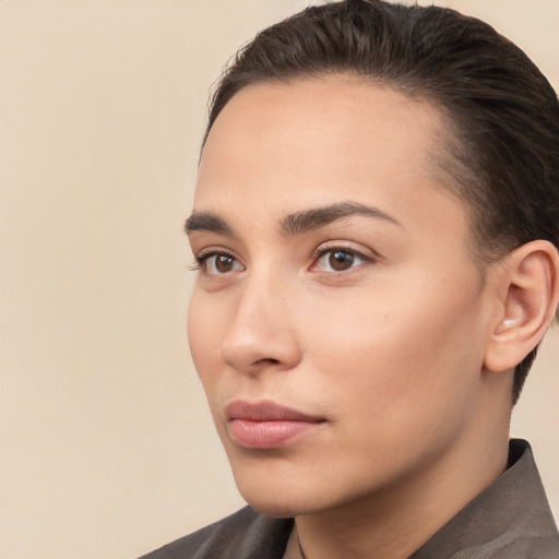 Neutral white young-adult female with short  brown hair and brown eyes