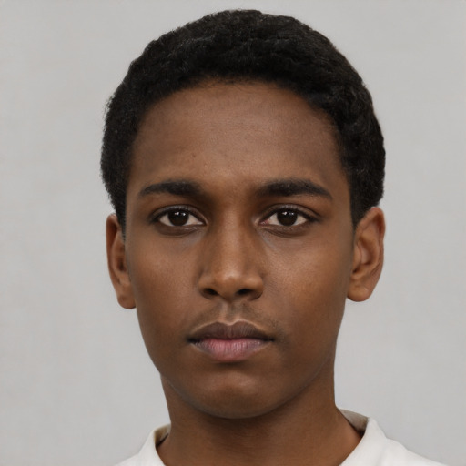 Neutral black young-adult male with short  black hair and brown eyes