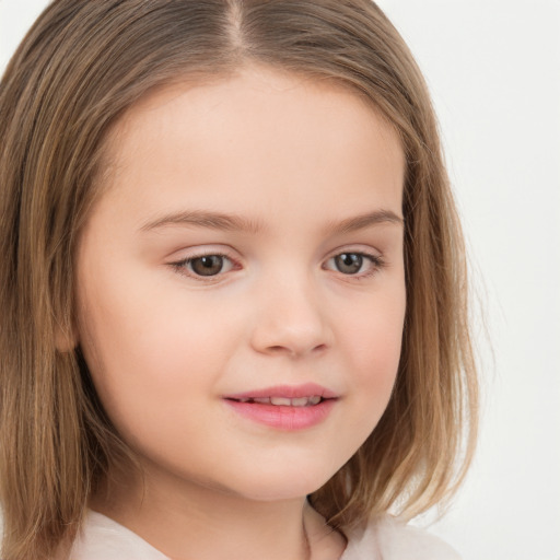 Joyful white child female with medium  brown hair and brown eyes