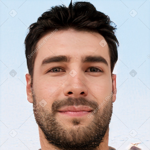 Neutral white young-adult male with short  brown hair and brown eyes