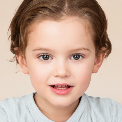 Joyful white child female with short  brown hair and brown eyes