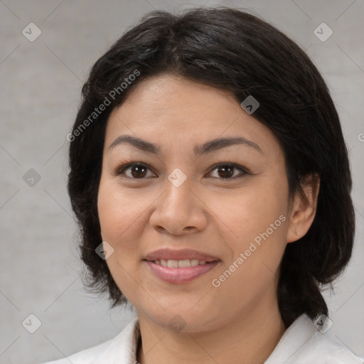 Joyful latino young-adult female with medium  brown hair and brown eyes