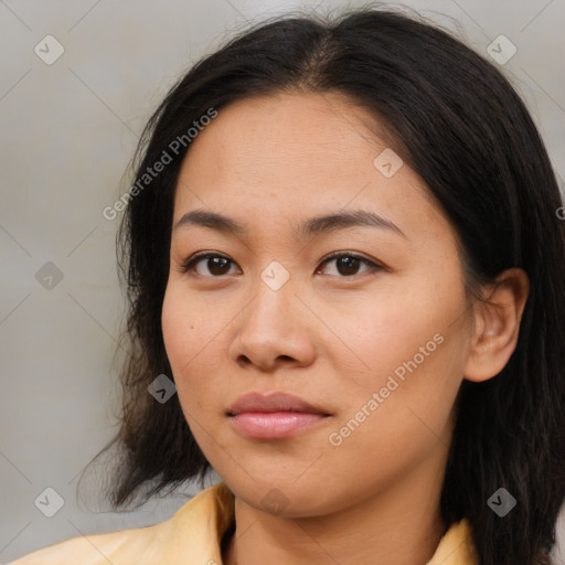 Neutral asian young-adult female with medium  brown hair and brown eyes