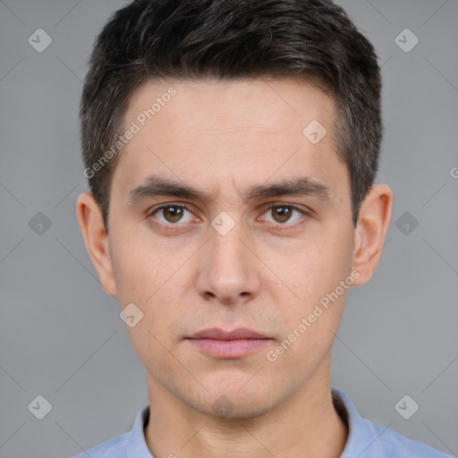 Neutral white young-adult male with short  brown hair and brown eyes