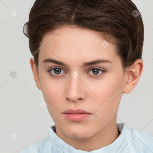 Neutral white young-adult female with short  brown hair and brown eyes