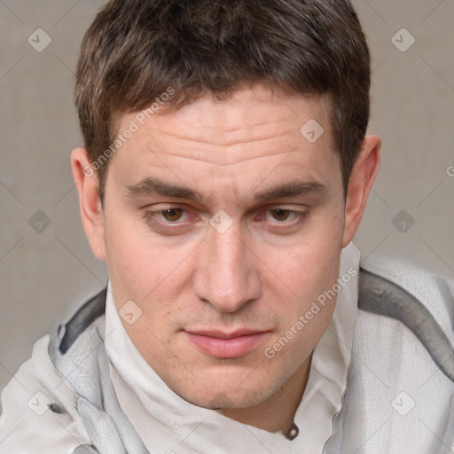 Neutral white adult male with short  brown hair and brown eyes