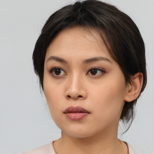 Neutral asian young-adult female with medium  brown hair and brown eyes