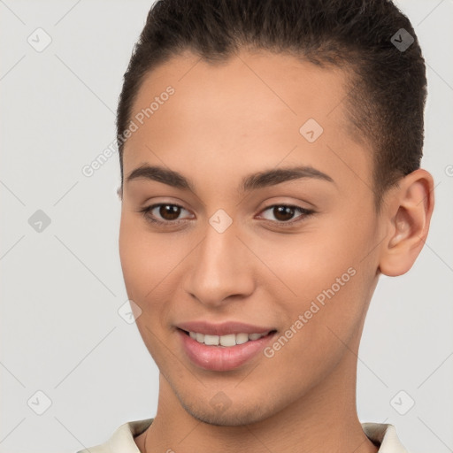 Joyful white young-adult female with short  brown hair and brown eyes