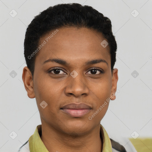 Joyful black young-adult female with short  brown hair and brown eyes