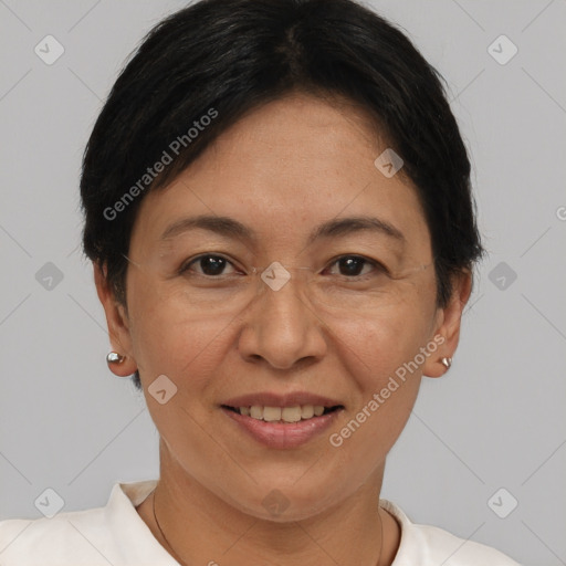 Joyful white adult female with short  brown hair and brown eyes