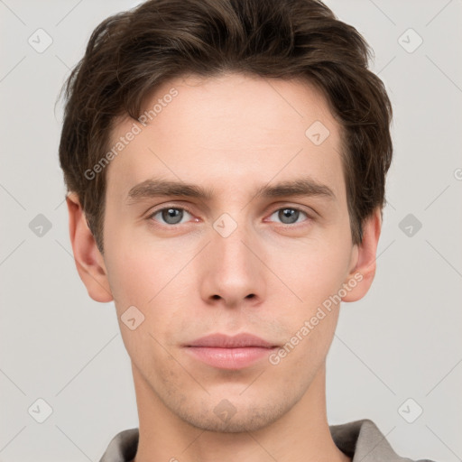 Neutral white young-adult male with short  brown hair and grey eyes