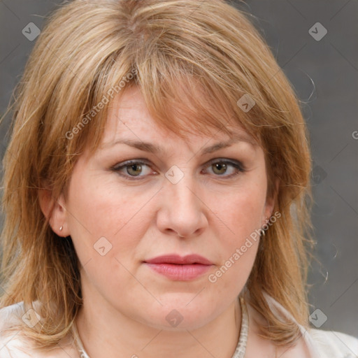 Joyful white young-adult female with medium  brown hair and blue eyes