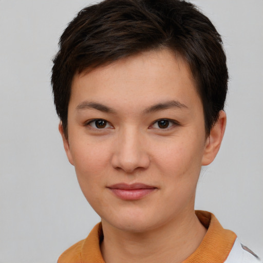 Neutral white young-adult female with short  brown hair and brown eyes