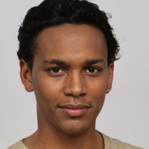 Neutral black young-adult male with short  black hair and brown eyes