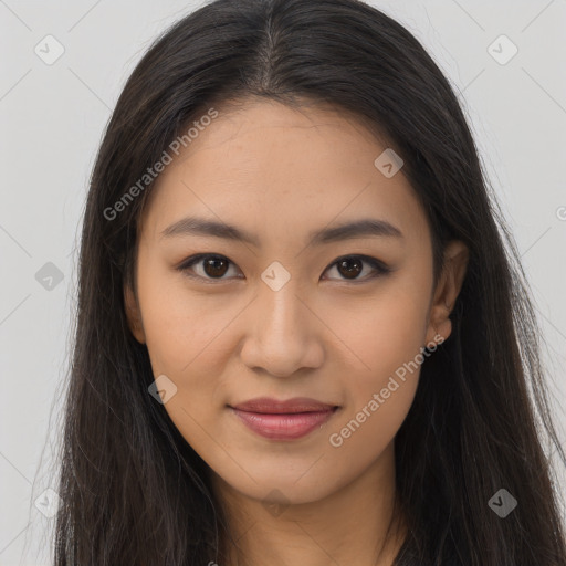 Joyful latino young-adult female with long  brown hair and brown eyes