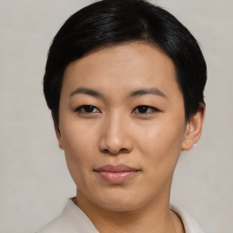 Neutral asian young-adult female with short  black hair and brown eyes