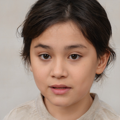 Joyful white child female with medium  brown hair and brown eyes