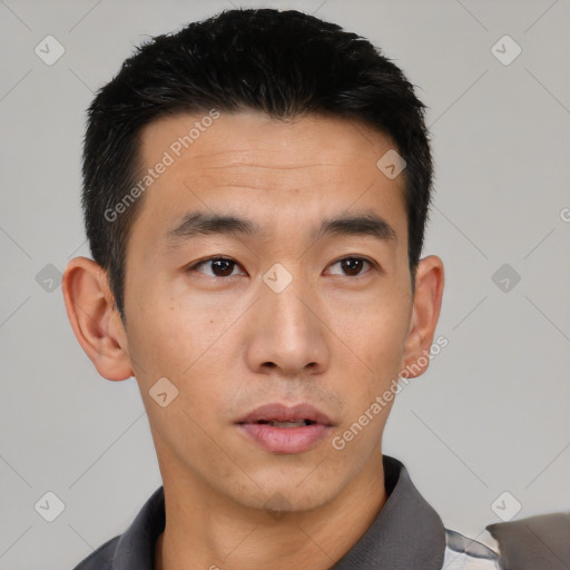 Neutral asian young-adult male with short  black hair and brown eyes