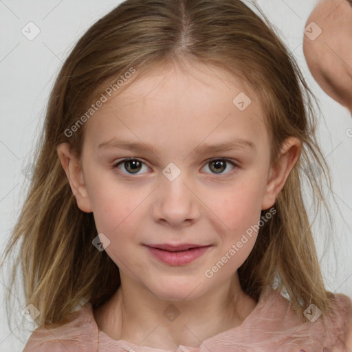 Joyful white child female with medium  brown hair and grey eyes