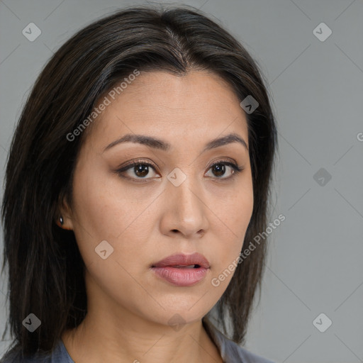 Neutral white young-adult female with long  brown hair and brown eyes