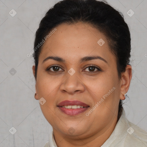 Joyful latino young-adult female with short  brown hair and brown eyes