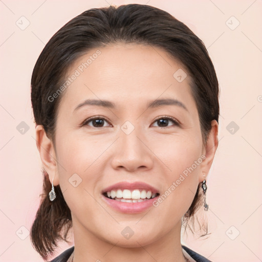 Joyful white young-adult female with medium  brown hair and brown eyes