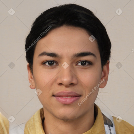 Joyful latino young-adult female with short  black hair and brown eyes