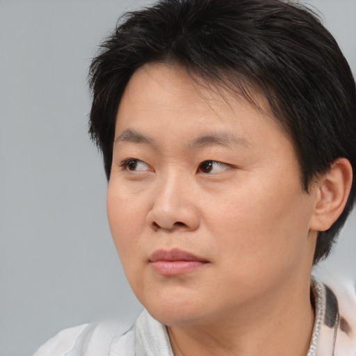 Neutral asian young-adult female with short  brown hair and brown eyes